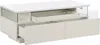 A white TV stand with glass accents and two drawers, one of which is partially open. Náhled obrázku produktu