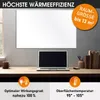 A white infrared heating panel mounted on a wall above a desk with a laptop. Produktbild-Vorschau