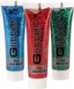 Three tubes of glitter makeup in blue, red, and green. Produktbild-Vorschau