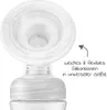 Close-up of a breast pump flange and bottle, with German text describing its features. Produktbild-Vorschau