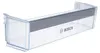 A clear plastic refrigerator door bin with a gray insert and the Bosch logo. Produktbild-Vorschau