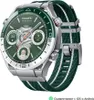 A close-up shot of a smartwatch with a green and white striped band. Podgląd zdjęcia produktu