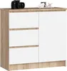 A product shot of a white and wood grain kommode on a white background.
