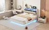 A bedroom scene featuring a bed with LED lighting, a nightstand, a vanity, and a bookshelf. Podgląd zdjęcia produktu
