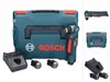 A collage of images showing a Bosch cordless angle drill, its case, batteries, and charger. Voir les images du produit