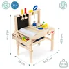 A wooden toy workbench with various tools and accessories, with dimensions and age recommendations displayed. Náhled obrázku produktu