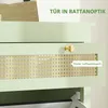 A close-up view of a light green cabinet with a golden knob and a woven rattan-style insert in an open drawer. Text overlays indicate features. Voir les images du produit