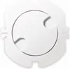 A white plastic child safety plug cover with a circular opening and two curved indentations. Produktbild-Vorschau