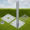 A set of metal fence post bases and screws are laid out on a green and blue background. Produktbild-Vorschau