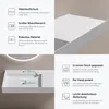 Collage of marketing images for a white washbasin, showing features and dimensions. Produktbild-Vorschau