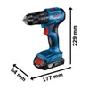 A Bosch cordless impact drill with battery pack and measurement indicators. Produktbild-Vorschau