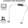 A white LED neck lamp with a flexible arm and USB-C cable, shown against a white background with descriptive text and icons. Produktbild-Vorschau