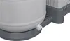 A close-up view of the bottom of a gray cylindrical filter tank with a dark gray base and a small white valve. Produktbild-Vorschau