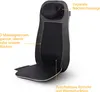 A black and gray massage seat cushion with text labels pointing out its features. Produktbild-Vorschau