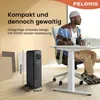 A person is sitting at a desk next to a space heater, with product dimensions shown. Produktbild-Vorschau
