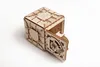 A wooden 3D puzzle safe with its door open, displayed on a white background. Produktbild-Vorschau