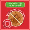 Marketing image for wood floor cleaning and protection product, showing water droplets on wood and protective shield icon. Produktbild-Vorschau