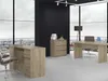 A modern office setting with two desks, a filing cabinet, and a chair, overlooking a city skyline through large windows. Podgląd zdjęcia produktu