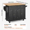 A black kitchen island cart with a wooden top, shown with dimensions and product details. Produktbild-Vorschau