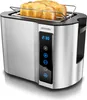A stainless steel toaster with two slices of bread in it, shown from a diagonal front-left angle on a white background. Produktbild-Vorschau