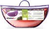 A product package for a crescent-shaped yoga and meditation cushion, showing the cushion inside the packaging and various color options. Produktbild-Vorschau