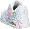 A close-up side view of a white Skechers sneaker with a colorful heart graffiti design. Produktbild-Vorschau