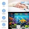 A split image showing a sleeping baby on top and an aquarium with fish and a pump on the bottom, with feature icons on the left. Produktbild-Vorschau