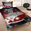 A bed with a duvet cover and pillow featuring a vintage red and white Volkswagen bus design. Náhľad obrázku produktu