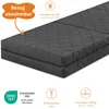 A folded mattress with various informational icons and text overlays. Produktbild-Vorschau
