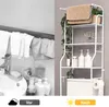 A split image showing a bathroom sink area before and a bathroom storage shelf after. Produktbild-Vorschau