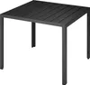 A dark gray square outdoor table with a slatted top and four legs, isolated on a white background. Voir les images du produit