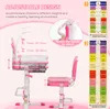 A collage showing an adjustable children's desk and chair set, with close-ups of adjustment mechanisms and size charts. Produktbild-Vorschau
