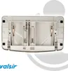 The image shows the back of a white Valsir 2-Mengen Betätigungsplatte, a toilet flush plate, with internal mechanisms visible. The product is presented against a white and light gray background with a circular overlay. Produktbild-Vorschau