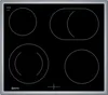 A top-down view of a black electric stovetop with four heating elements. The stovetop has a silver metal frame. Produktbild-Vorschau