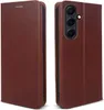 A brown leather flip case for a smartphone is shown from two angles. Produktbild-Vorschau
