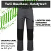 A pair of gray work pants with black accents and text overlays. Produktbild-Vorschau