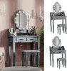 Collage of a grey vanity table with LED lights and a stool, shown in different views. Produktbild-Vorschau