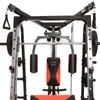 A close-up view of a home gym machine, specifically a Smith machine with a barbell and weight plates. Produktbild-Vorschau