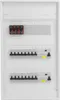 A white electrical distribution box with multiple circuit breakers and fuses. Produktbild-Vorschau