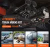 The image shows a train horn kit mounted underneath a vehicle, with four smaller images at the bottom illustrating different usage scenarios. Produktbild-Vorschau
