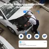 A mechanic is working on a car engine, with a security camera notification overlay. Produktbild-Vorschau