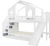 A white bunk bed with a house-shaped design, featuring a slide and stairs. Produktbild-Vorschau