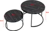 Two round coffee tables with a marble pattern and black metal legs, shown with dimensions indicated by red lines and text. Voir les images du produit