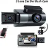 A collage of images showing a 3-lens car dashcam, a smartphone, and a display screen showing a car interior. Náhled obrázku produktu