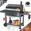 A collage of images showcasing a large charcoal grill and its accessories, with close-ups of features and lifestyle shots. Produktbild-Vorschau