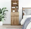 A tall, narrow wooden cabinet with shelves and doors, placed next to a bed in a bedroom setting. Náhled obrázku produktu
