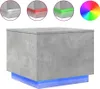 Product collage showing a gray side table with blue LED lighting and detail shots of its corners with different lighting options.
