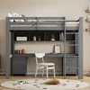 A loft bed with a desk and shelves underneath, with a chair in front of the desk. Voir les images du produit