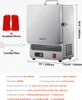 A silver VEVOR melting furnace with red insulated gloves and crucible pliers shown next to it, with dimensions and specifications listed below. Podgląd zdjęcia produktu