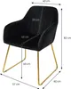 A black velvet chair with gold legs, shown with dimensions indicated by measurement lines and text. Náhľad obrázku produktu